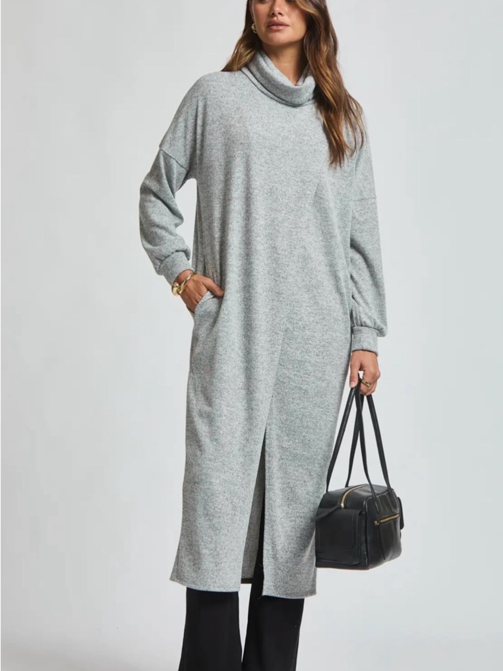 Light Gray Cowl Neck Longline Sweater- Casual Chic